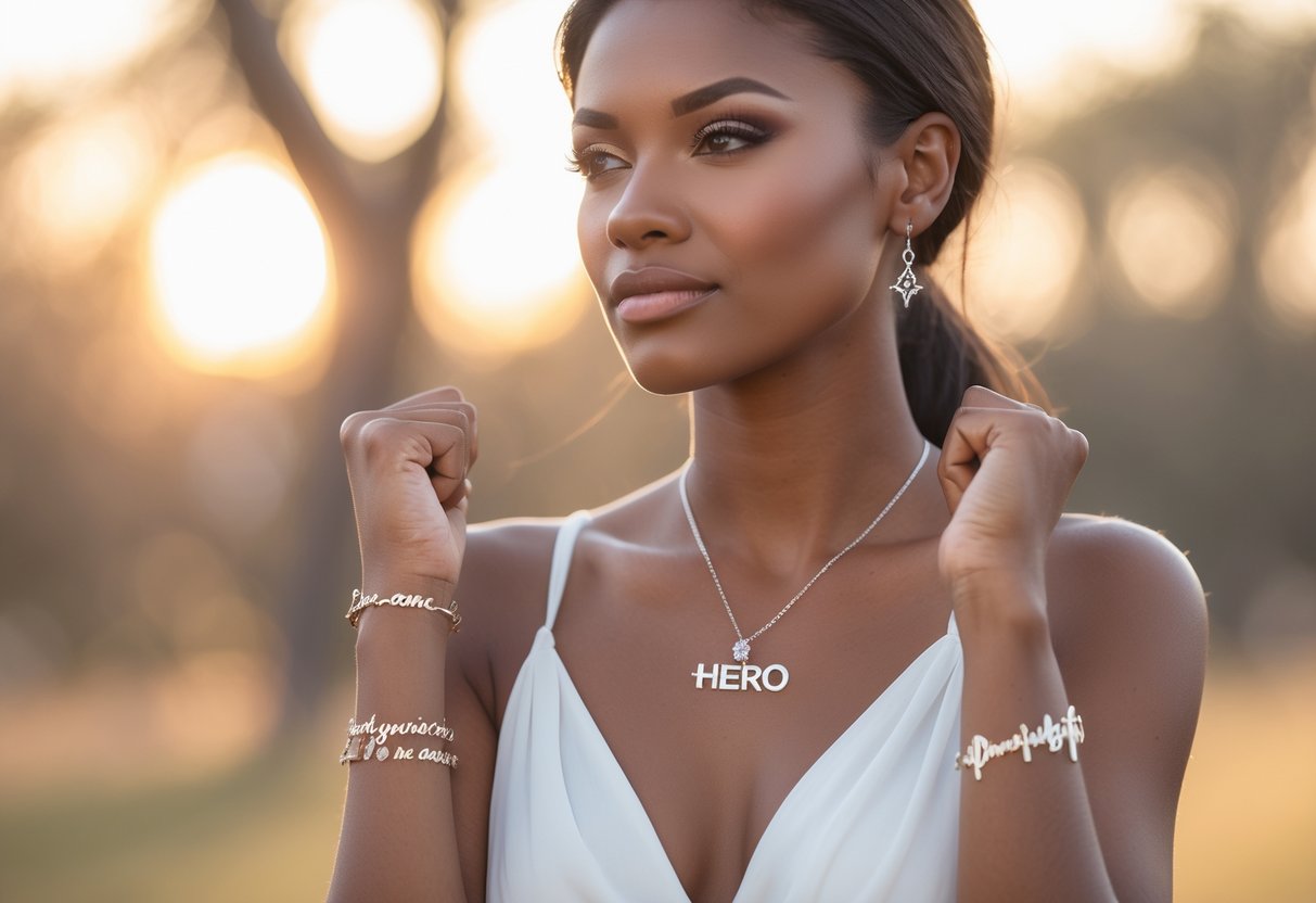 A young woman wearing elegant jewelry stands outdoors with a confident and determined expression.