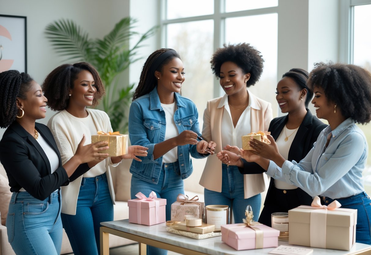 A group of smiling young women celebrating together indoors with wrapped gifts and jewelry on a table nearby.