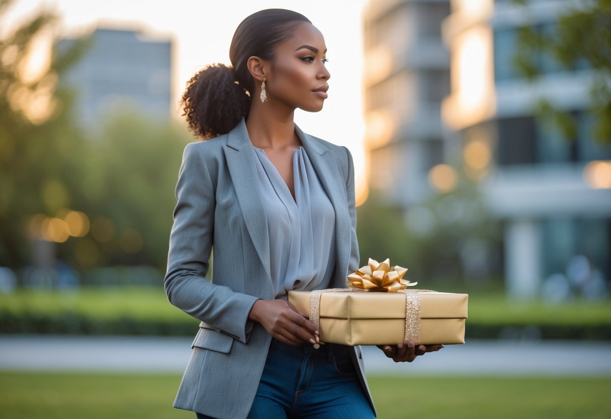 A confident young woman standing outdoors holding a gift box, with a calm and determined expression, surrounded by greenery and modern buildings.