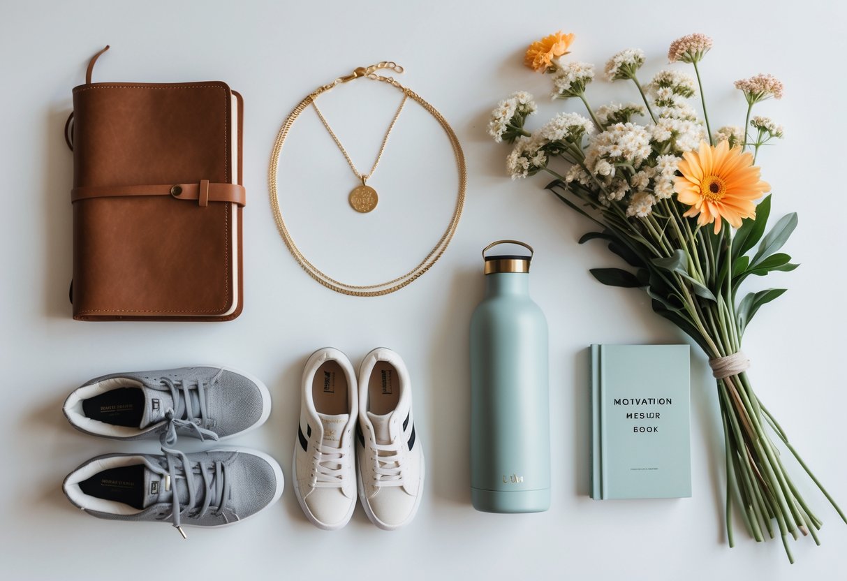 Flat lay of elegant gifts including a journal, gold necklace, water bottle, sneakers, book, and wildflowers arranged on a white surface.