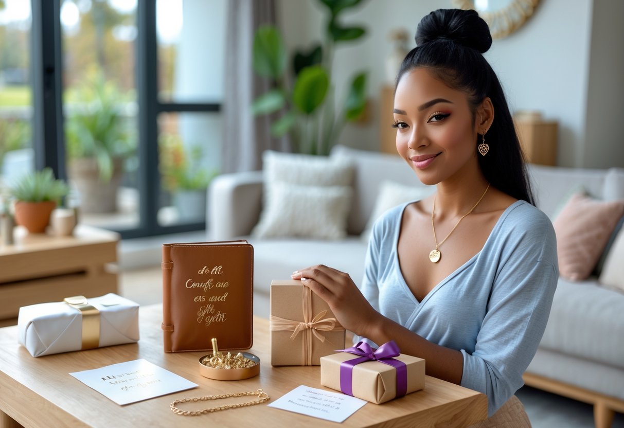 A young woman holding a personalized gift in a bright living room surrounded by elegant, handcrafted items on a wooden table.
