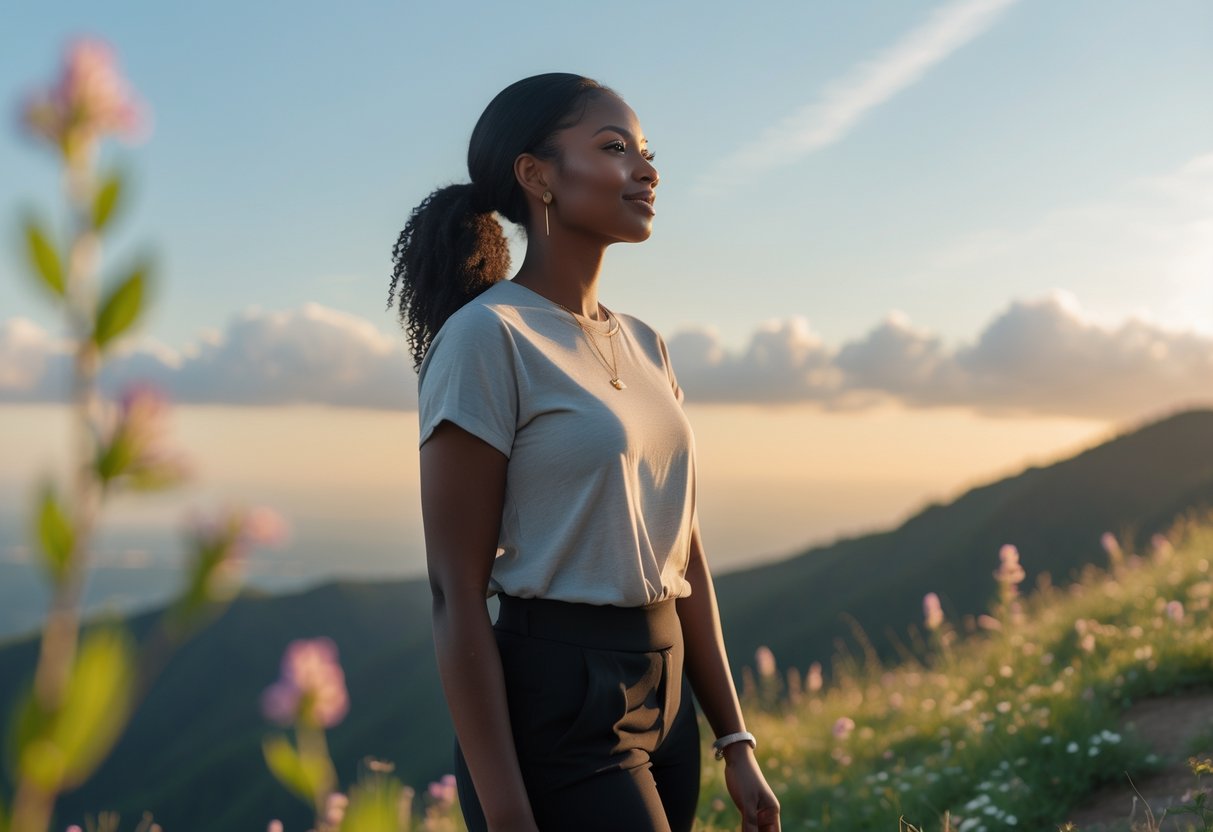 A young woman stands on a hilltop at sunset, looking confidently into the distance with wildflowers around her and a clear sky in the background.