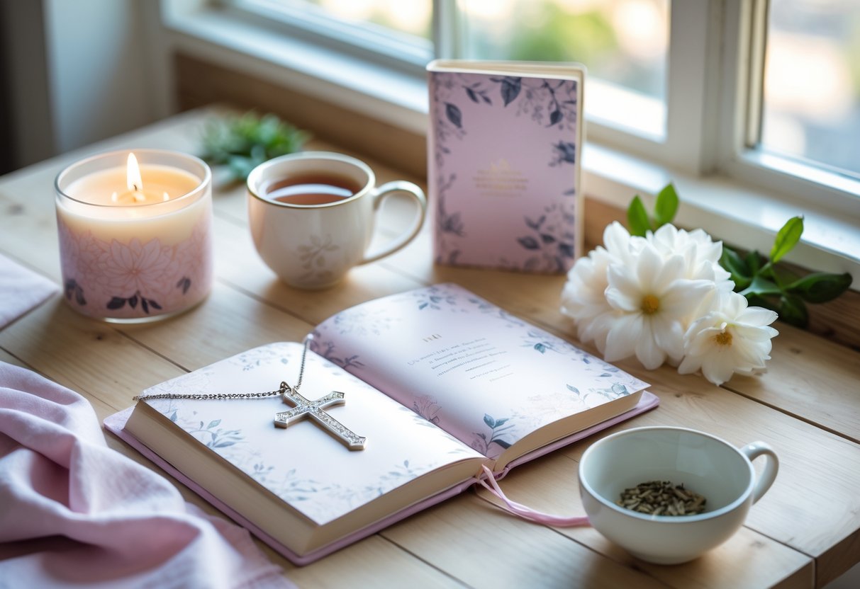 A collection of faith-based gifts including a silver cross necklace, an inspirational journal, and a lit candle arranged on a wooden table with soft natural light and flowers.
