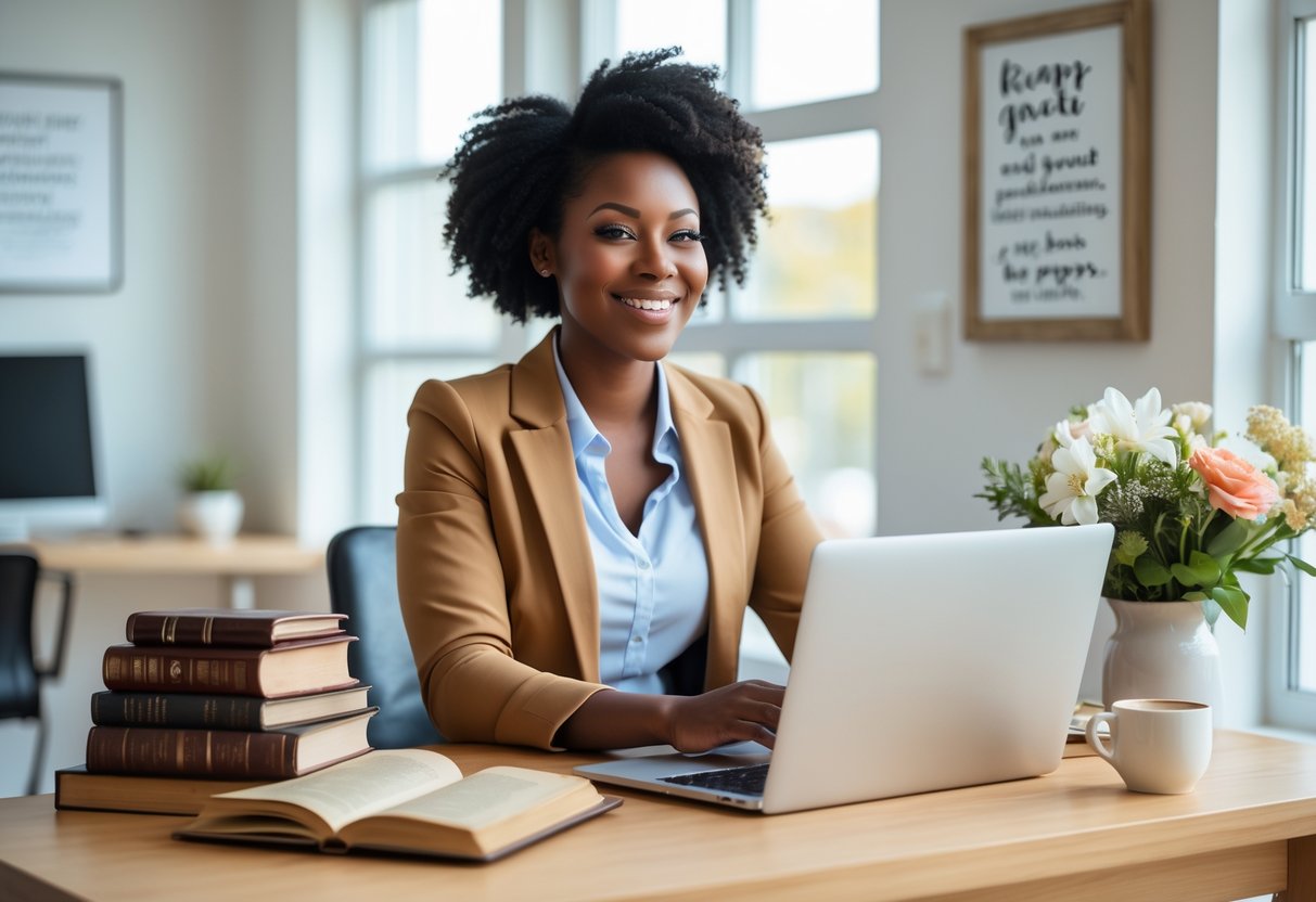 A smiling young woman sitting at a desk surrounded by books, a laptop, a journal, and flowers in a bright office space.