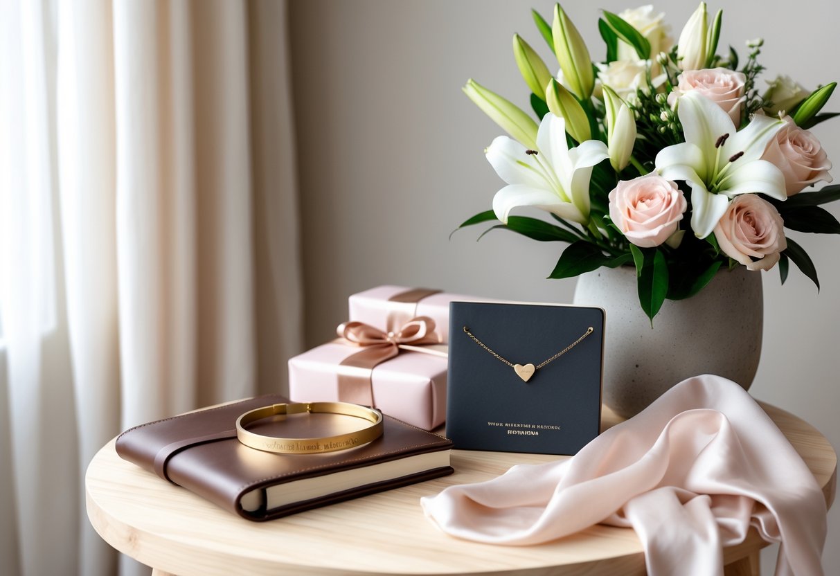 A neatly arranged display of elegant gifts including a gold bracelet, leather journal, and fresh flowers on a wooden table.