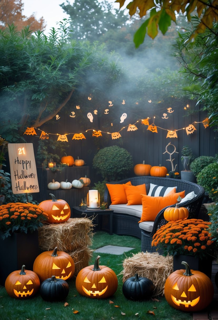 21 Trendy Halloween Garden Ideas for Spooky Outdoor Decor 2 A garden decorated with carved pumpkins, string lights, hay bales, and autumn flowers for Halloween.