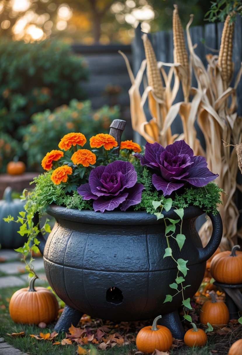 21 Trendy Halloween Garden Ideas for Spooky Outdoor Decor 4 A garden scene with a large witch's cauldron used as a planter filled with autumn plants, surrounded by pumpkins, corn stalks, and fallen leaves.