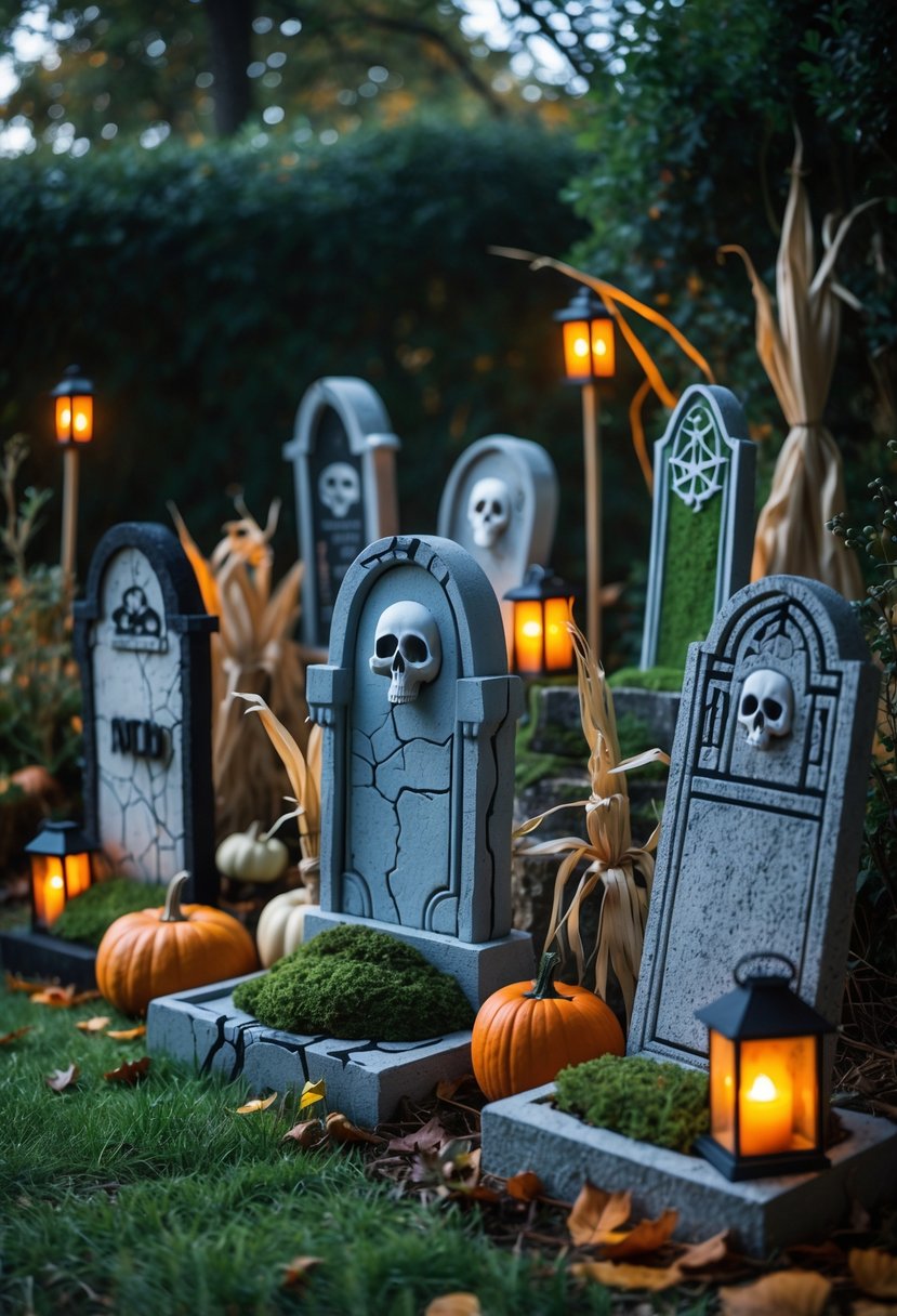 21 Trendy Halloween Garden Ideas for Spooky Outdoor Decor 5 A garden decorated with various handmade tombstone markers surrounded by autumn leaves, pumpkins, and lanterns for Halloween.