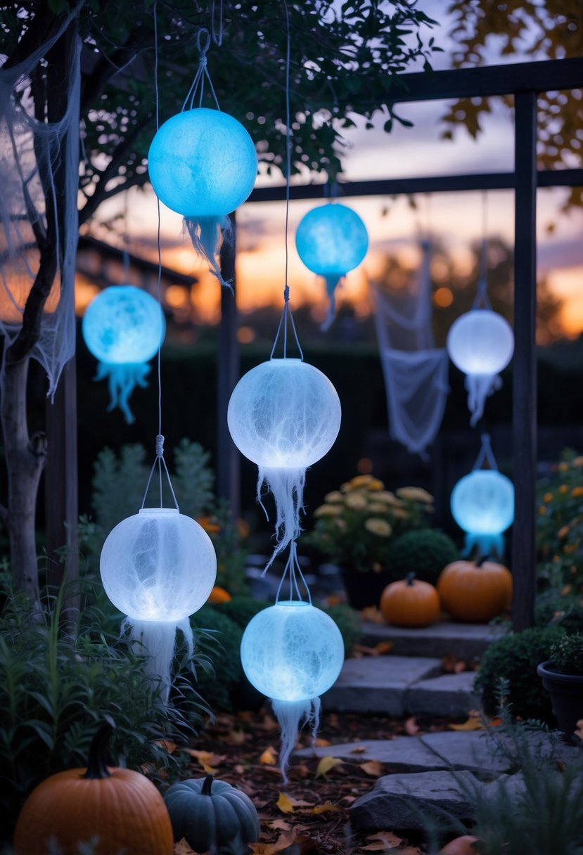 21 Trendy Halloween Garden Ideas for Spooky Outdoor Decor 6 A garden at dusk with glowing ghostly orbs hanging from tree branches surrounded by autumn plants and pumpkins.
