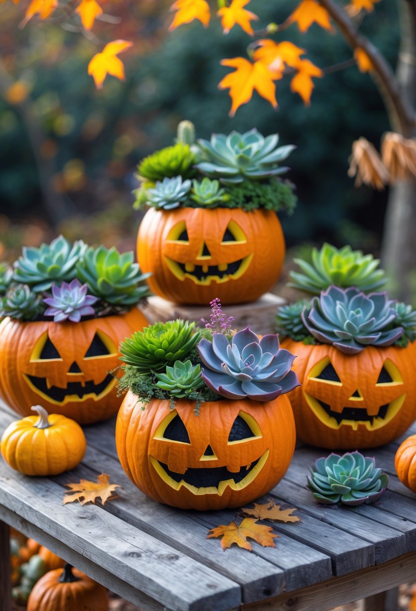 21 Trendy Halloween Garden Ideas for Spooky Outdoor Decor 7 A garden display of carved pumpkins filled with colorful succulents on a wooden table surrounded by autumn leaves.