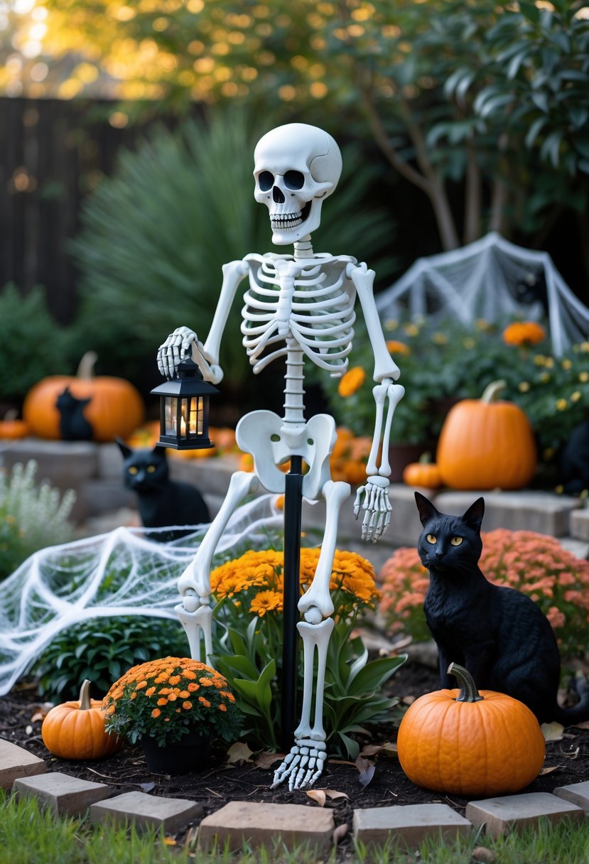 21 Trendy Halloween Garden Ideas for Spooky Outdoor Decor 8 A Halloween garden with an animated skeleton garden stake surrounded by pumpkins, autumn plants, and seasonal decorations.