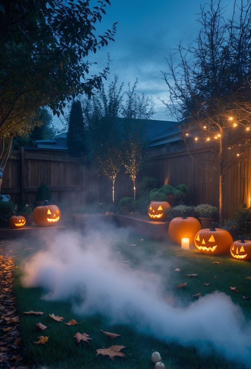 21 Trendy Halloween Garden Ideas for Spooky Outdoor Decor 9 A backyard garden with Halloween decorations and fog covering the ground, featuring carved pumpkins and string lights under a twilight sky.