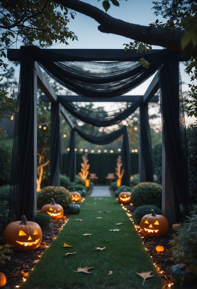 21 Trendy Halloween Garden Ideas for Spooky Outdoor Decor 10 An outdoor garden decorated with black mesh fabric drapes, pumpkins, cobwebs, and autumn leaves for Halloween.