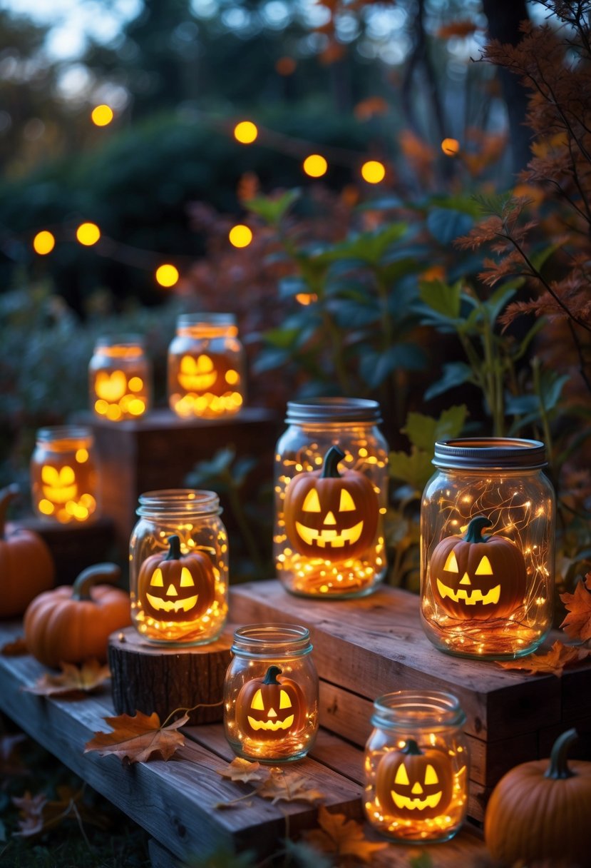 21 Trendy Halloween Garden Ideas for Spooky Outdoor Decor 11 Outdoor garden with jars filled with glowing fairy lights decorated with pumpkin faces, surrounded by autumn leaves and pumpkins.