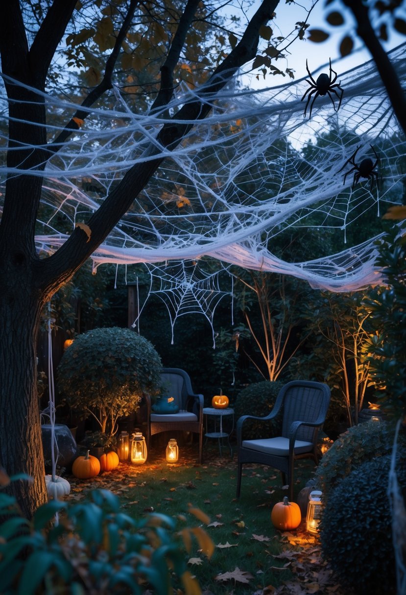 21 Trendy Halloween Garden Ideas for Spooky Outdoor Decor 12 A garden decorated with spider webs stretched across trees and bushes, pumpkins, fallen leaves, and glowing lanterns creating a spooky Halloween scene.