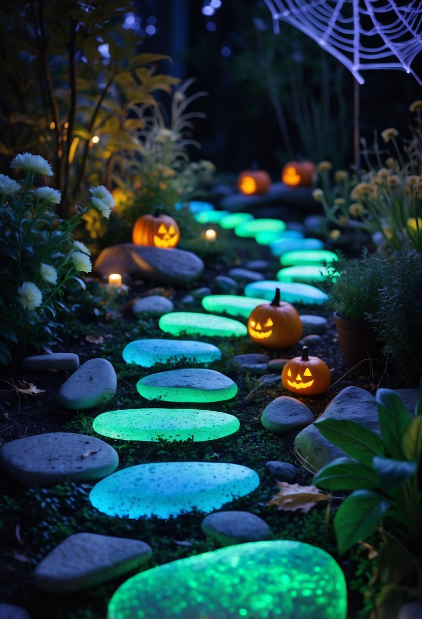 21 Trendy Halloween Garden Ideas for Spooky Outdoor Decor 13 A nighttime garden pathway lined with glowing stones emitting green and blue light, surrounded by plants and subtle Halloween decorations like pumpkins and spider webs.