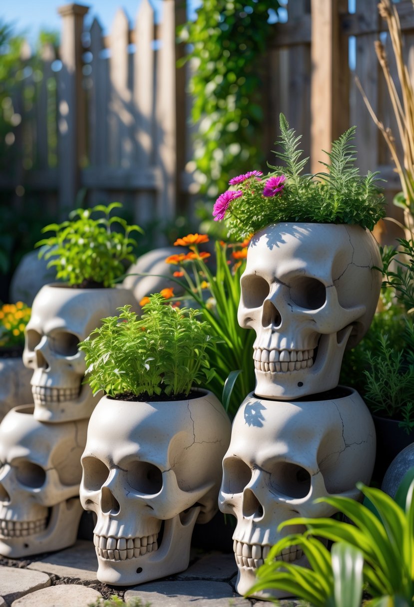 21 Trendy Halloween Garden Ideas for Spooky Outdoor Decor 14 Outdoor garden with skull-shaped planter pots holding colorful plants and flowers among greenery.