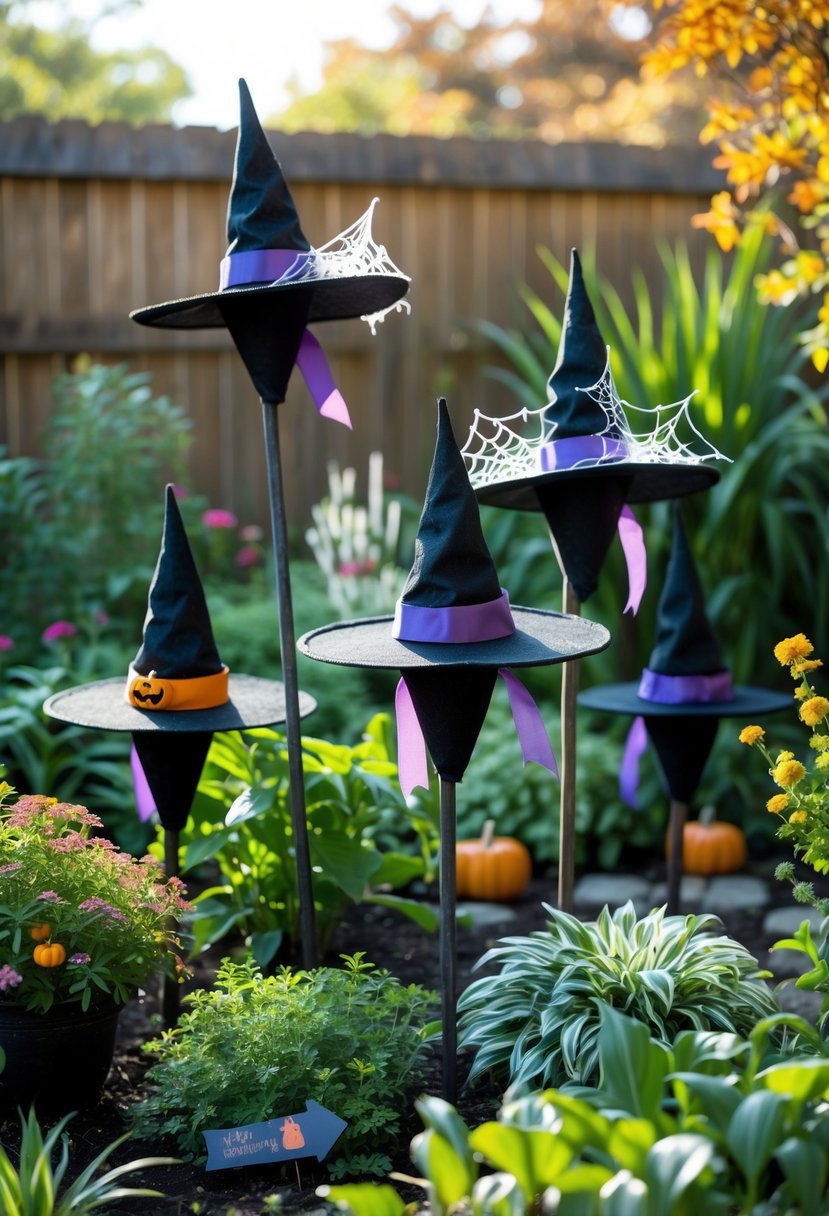 21 Trendy Halloween Garden Ideas for Spooky Outdoor Decor 15 Outdoor garden with green plants and several black witch hat decorations placed among the foliage under natural sunlight.