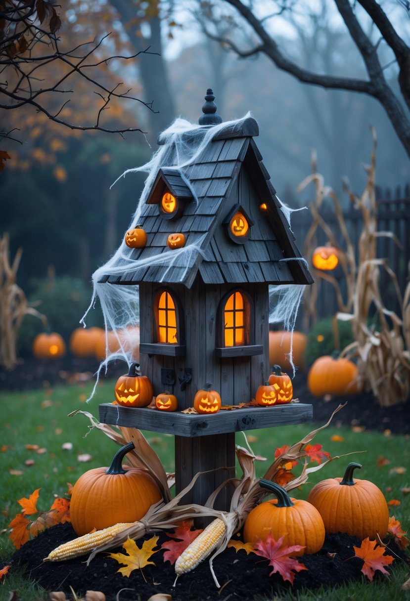 21 Trendy Halloween Garden Ideas for Spooky Outdoor Decor 16 A haunted birdhouse surrounded by pumpkins, dried corn stalks, fallen leaves, and bare branches in a misty garden decorated for Halloween.