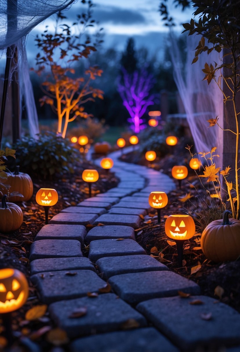 21 Trendy Halloween Garden Ideas for Spooky Outdoor Decor 17 A garden pathway at dusk lit by glowing Halloween-themed solar lights shaped like pumpkins and ghosts, surrounded by autumn leaves and decorations.
