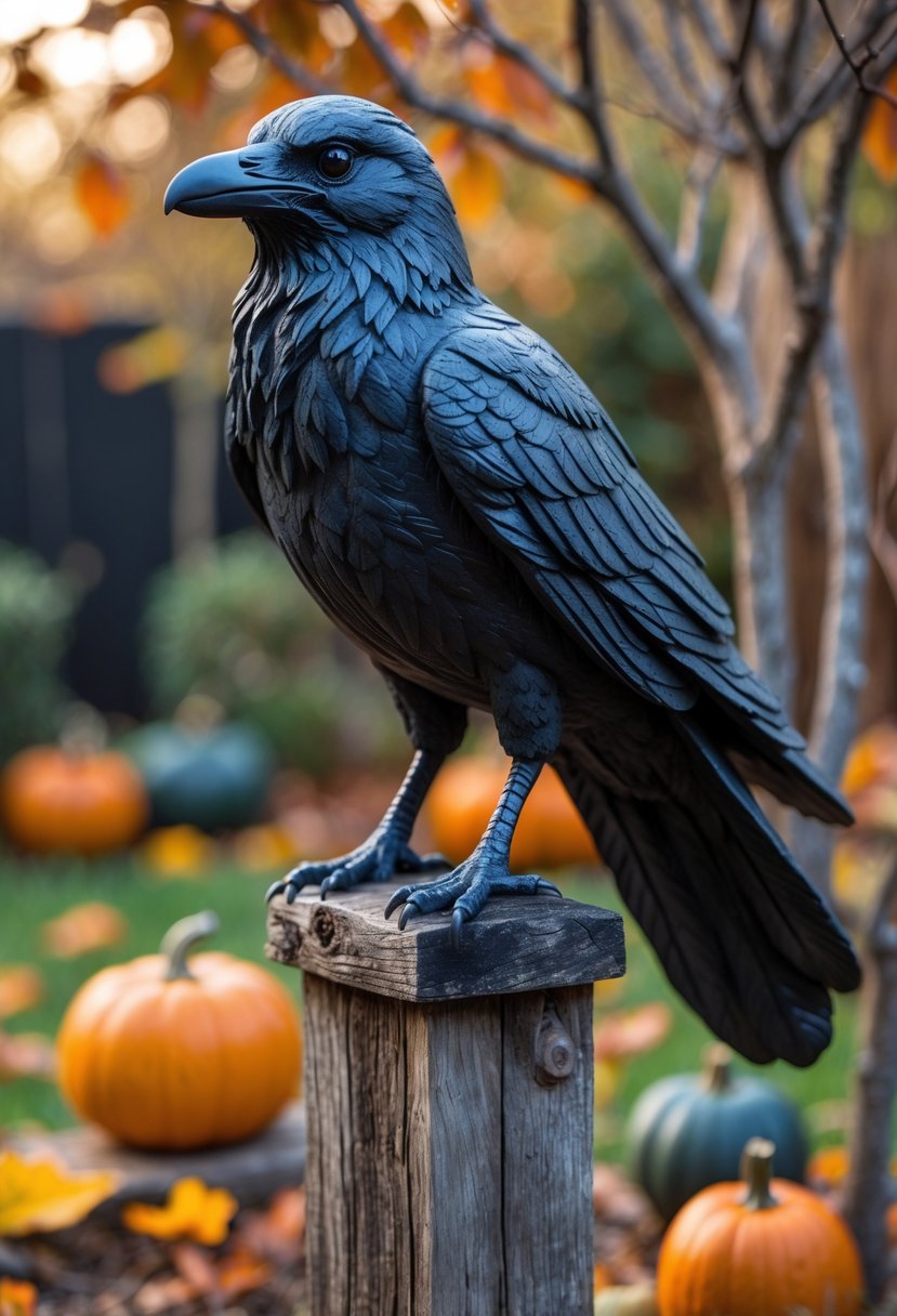21 Trendy Halloween Garden Ideas for Spooky Outdoor Decor 18 A raven sculpture perched on a wooden post surrounded by autumn leaves and pumpkins in a garden.