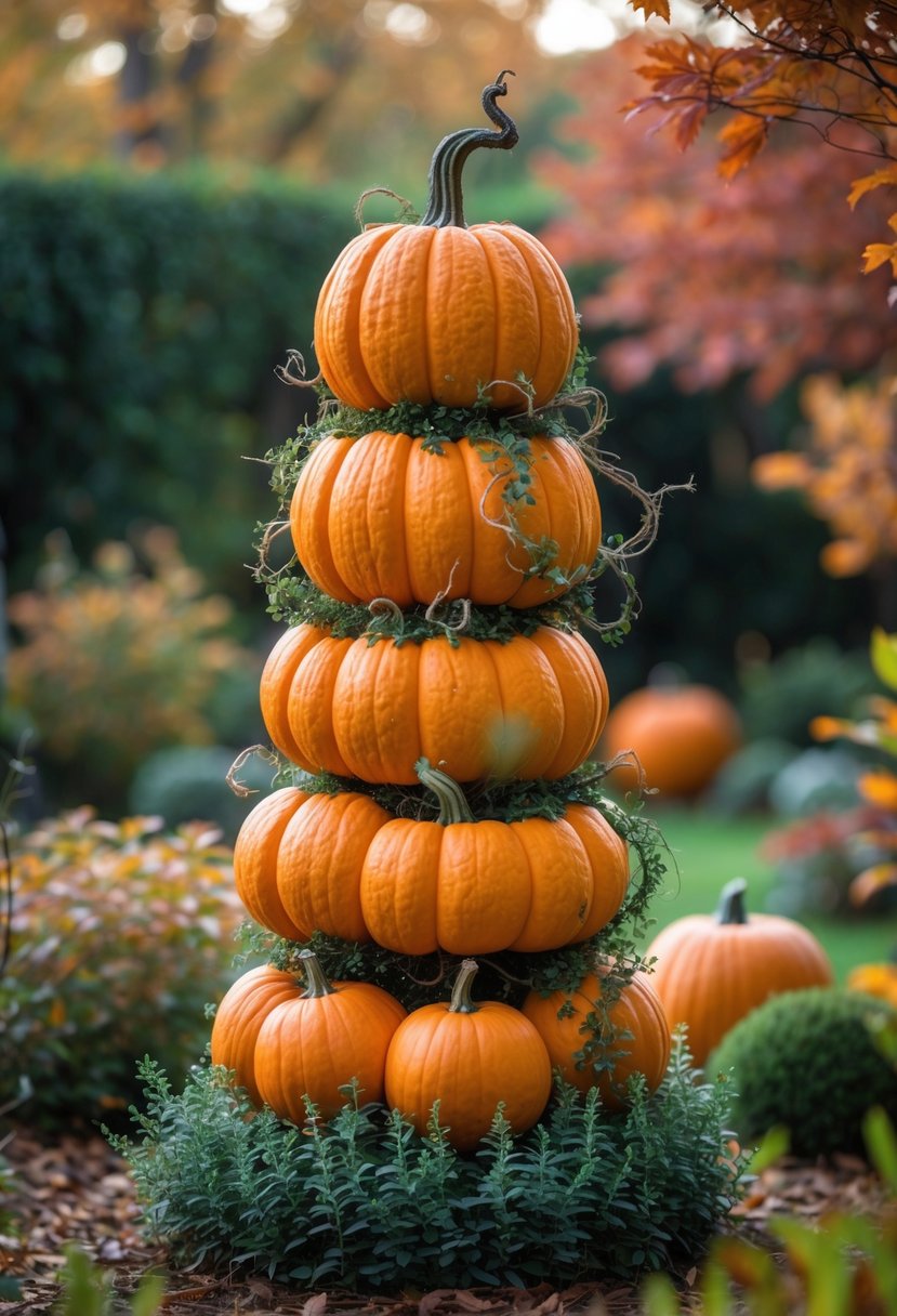 21 Trendy Halloween Garden Ideas for Spooky Outdoor Decor 19 A garden scene featuring a stacked pumpkin topiary surrounded by autumn leaves and plants.