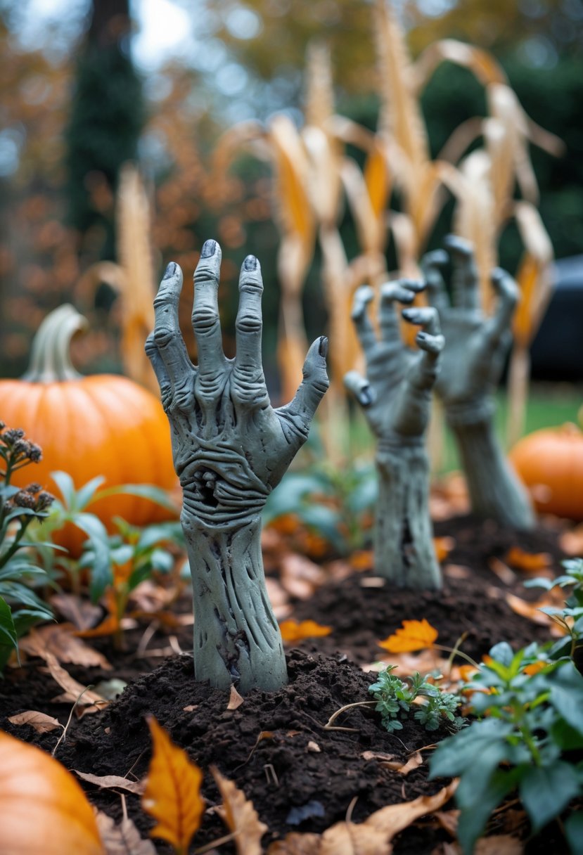 21 Trendy Halloween Garden Ideas for Spooky Outdoor Decor 21 Several zombie hand garden stakes emerging from soil in a garden surrounded by autumn plants and fallen leaves.