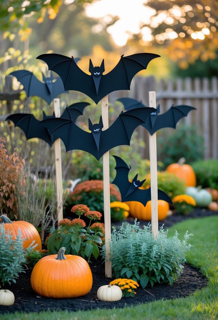 21 Trendy Halloween Garden Ideas for Spooky Outdoor Decor 22 A garden decorated with black bat cutouts on wooden stakes surrounded by autumn plants and pumpkins.