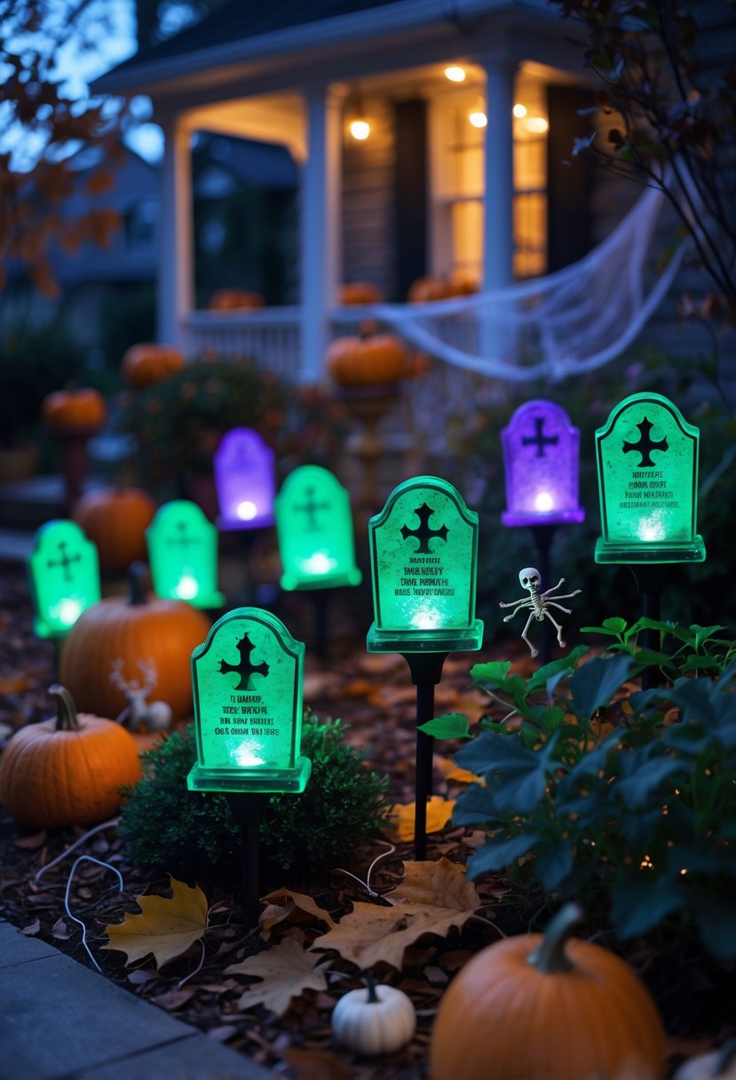 21 Trendy Halloween Garden Ideas for Spooky Outdoor Decor 23 Nighttime garden with gravestone-shaped solar lights glowing among pumpkins and autumn leaves decorated for Halloween.