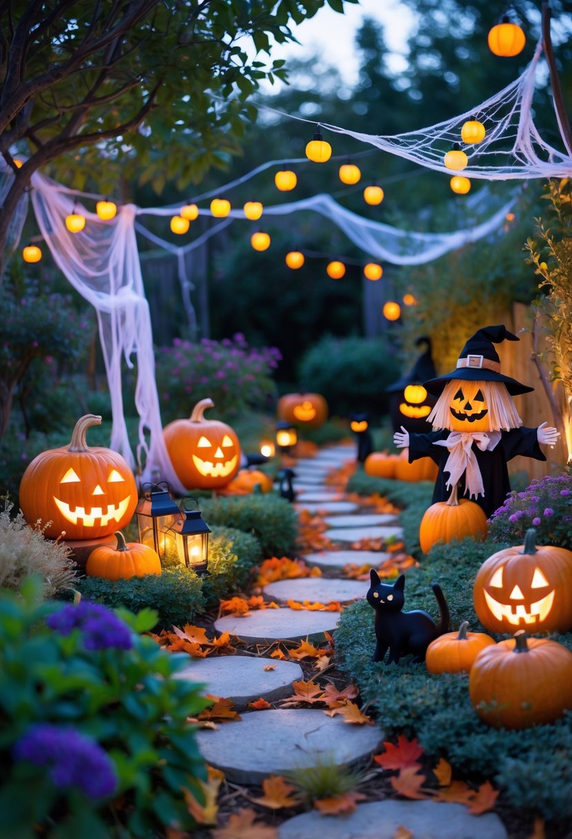 21 Trendy Halloween Garden Ideas for Spooky Outdoor Decor 24 A garden decorated for Halloween with carved pumpkins, lanterns, cobwebs, scarecrows, and autumn leaves at twilight.
