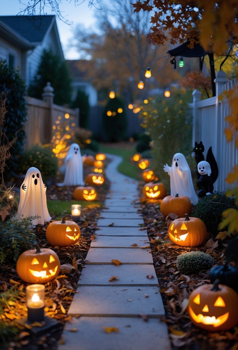 21 Trendy Halloween Garden Ideas for Spooky Outdoor Decor 25 An outdoor garden decorated for Halloween with pumpkins, ghost figures, spider webs, and safe lighting along a clear pathway.