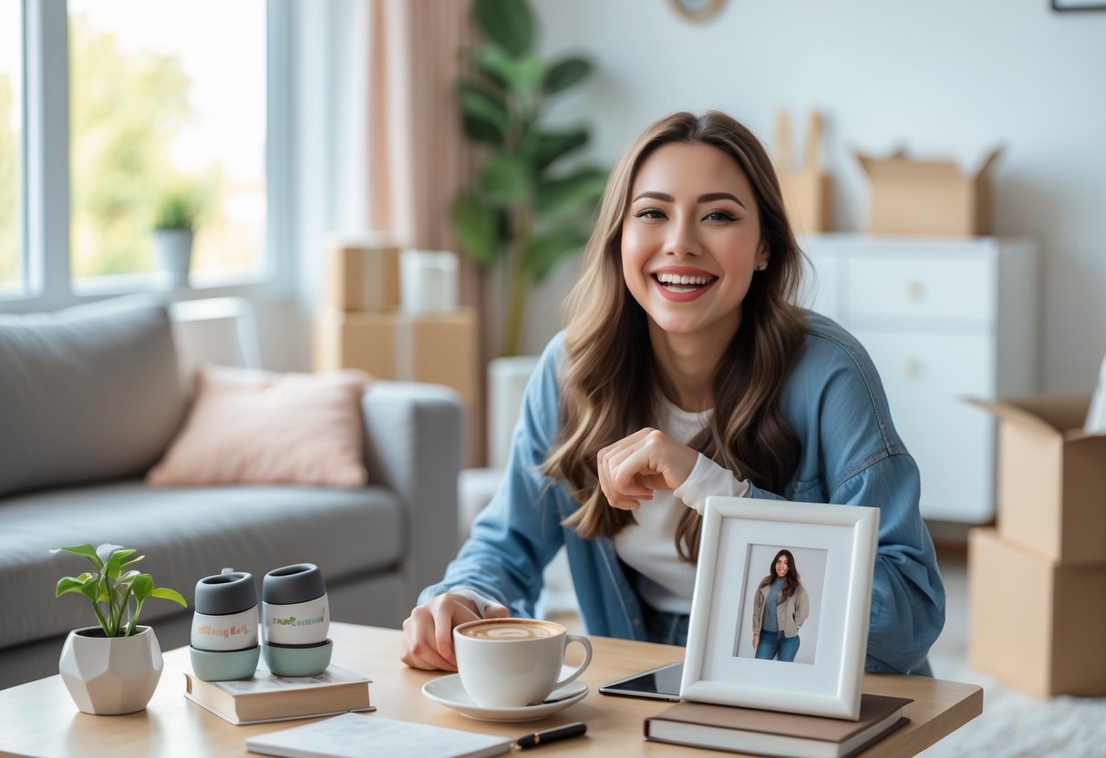 A young woman smiling in a bright living room surrounded by gifts and unpacked boxes, celebrating moving into her first apartment after graduation.