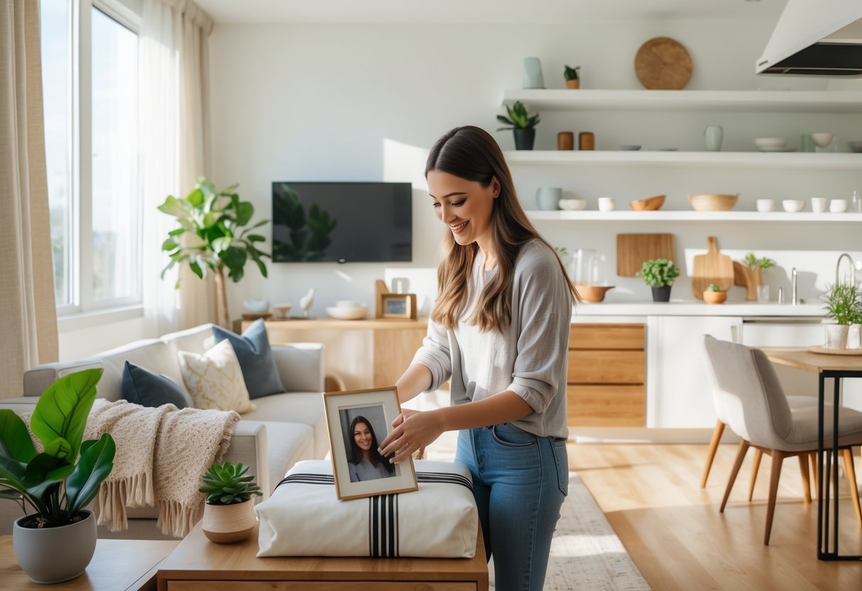 A young woman arranging personal items and gifts in a bright, modern apartment as she settles into her new home.