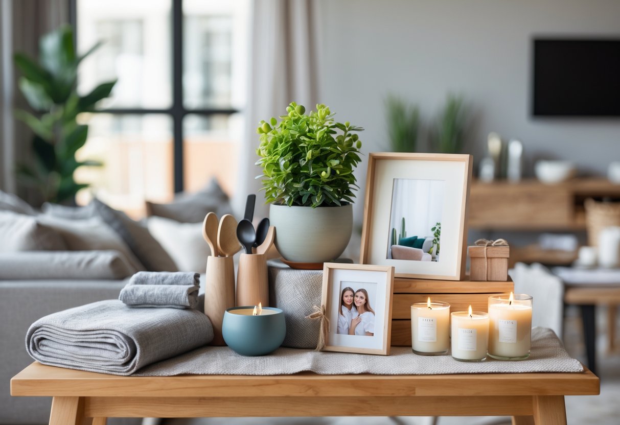 A cozy apartment interior with a table displaying various thoughtful gift items like kitchenware, a plant, a throw blanket, a photo frame, and candles.