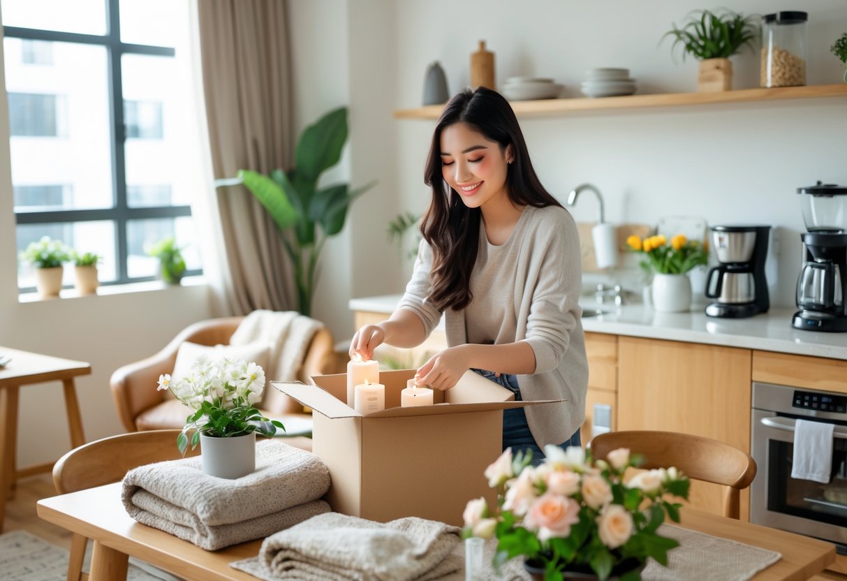 A young woman arranging cozy and practical items in her bright first apartment, surrounded by plants, candles, and home essentials.