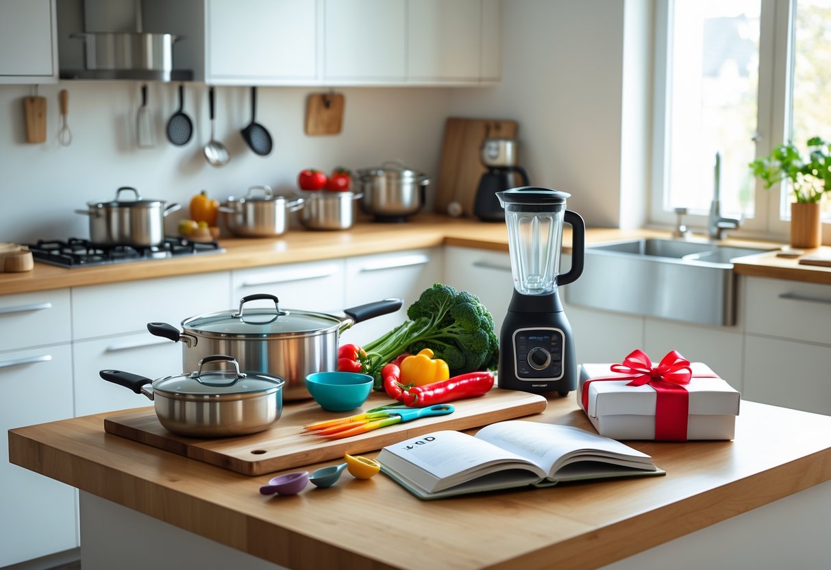A bright kitchen countertop displaying essential cooking gifts including pots, pans, fresh vegetables, a blender, measuring cups, a cookbook, and a wrapped gift box.
