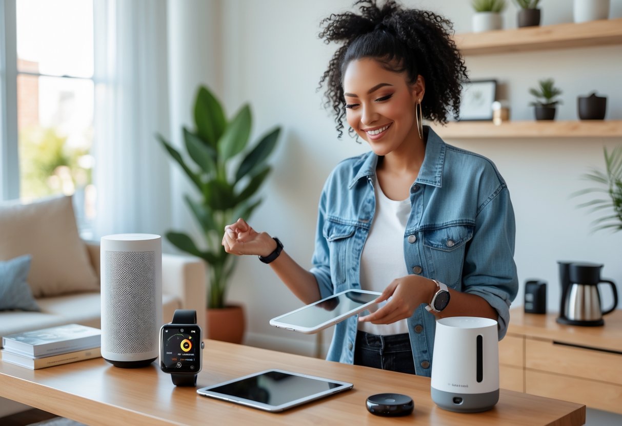 A young woman arranging modern tech gadgets in a bright, newly furnished apartment.