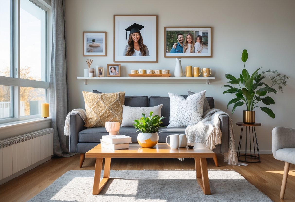 A young woman in a bright living room with cozy decor and personalized gifts celebrating her first apartment.