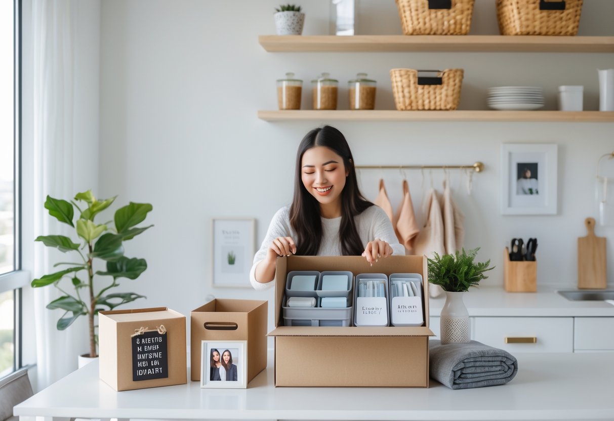 A young woman unpacking home organization items and practical gifts in a bright, tidy first apartment living space.