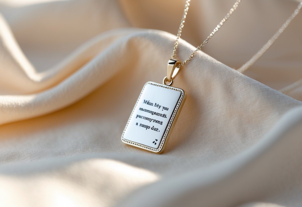 Close-up of a small, elegant jewelry pendant shaped like a card hanging on a chain against a soft fabric background.