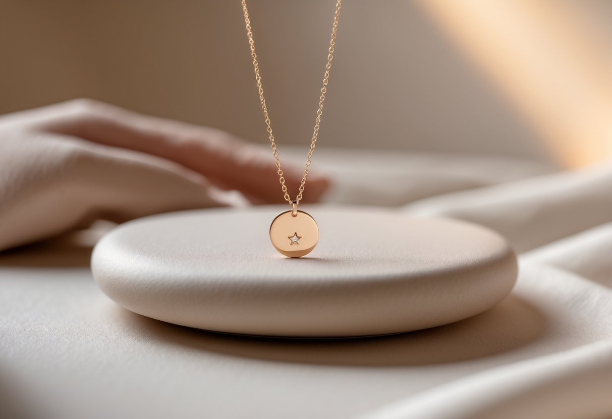 A close-up of a delicate necklace with a small pendant resting on a smooth surface, softly lit to highlight its details.