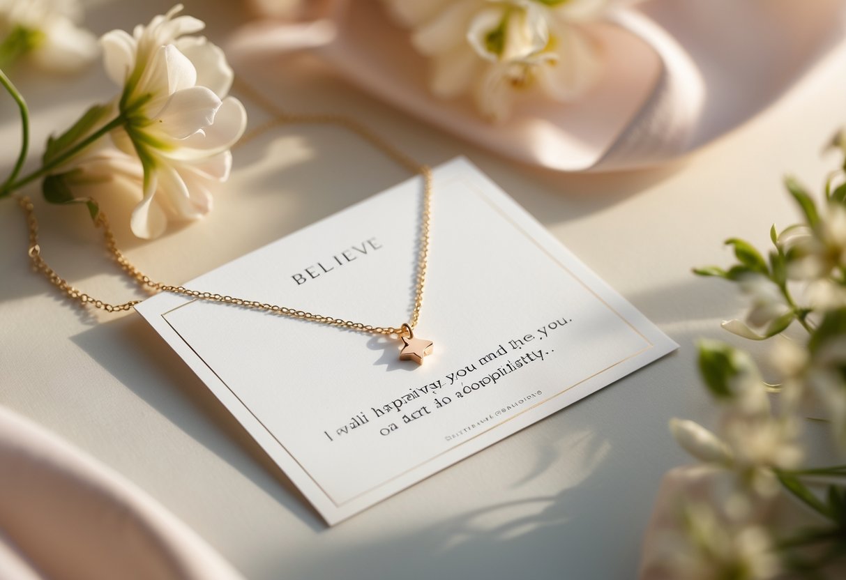 A delicate necklace with a small charm displayed on a minimalist card surrounded by soft flowers and greenery.