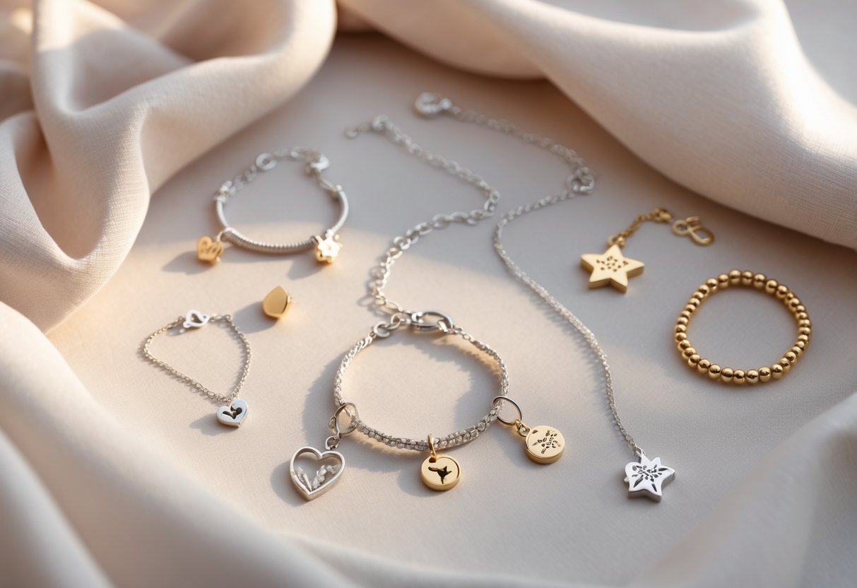 A close-up photo of various elegant jewelry pieces arranged on a soft fabric background.