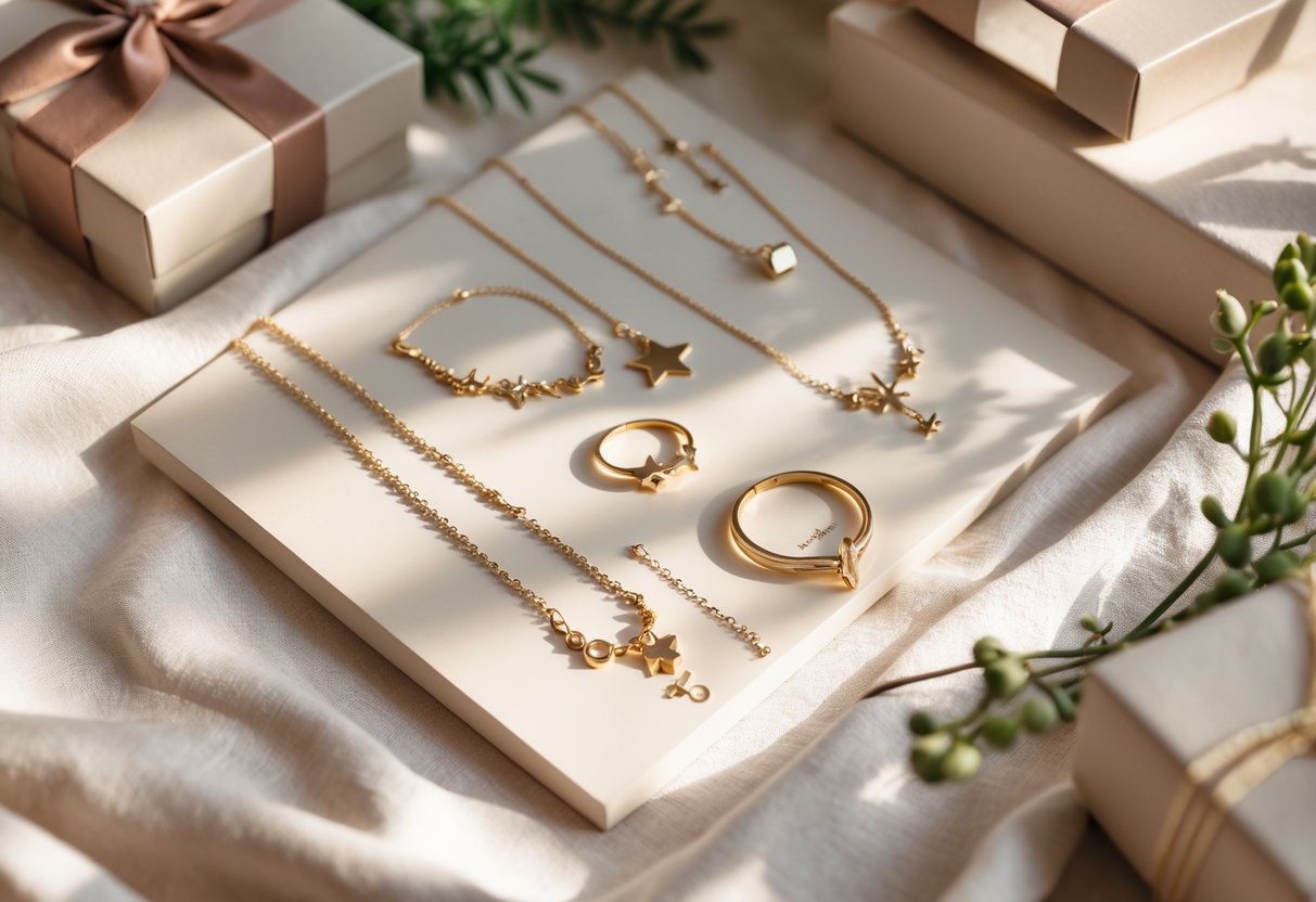 Close-up of various personalized jewelry pieces with symbolic designs arranged on soft fabric, surrounded by gift boxes and greenery.
