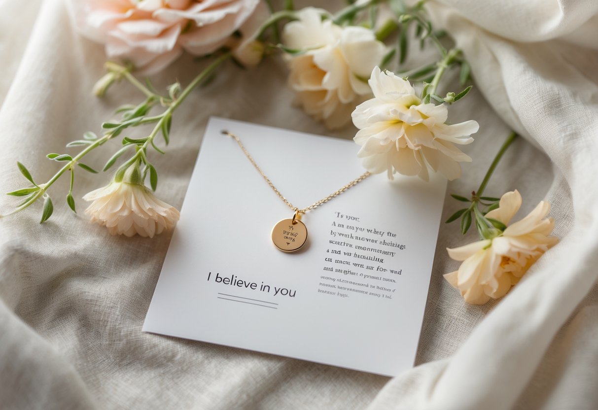 A close-up of a jewelry piece and a message card arranged with flowers on a soft background.