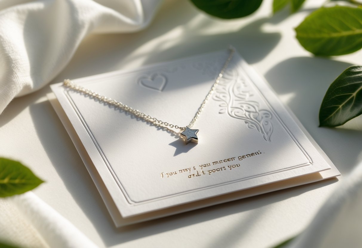 Close-up of a delicate necklace with a small pendant resting on an elegant card surrounded by green leaves.