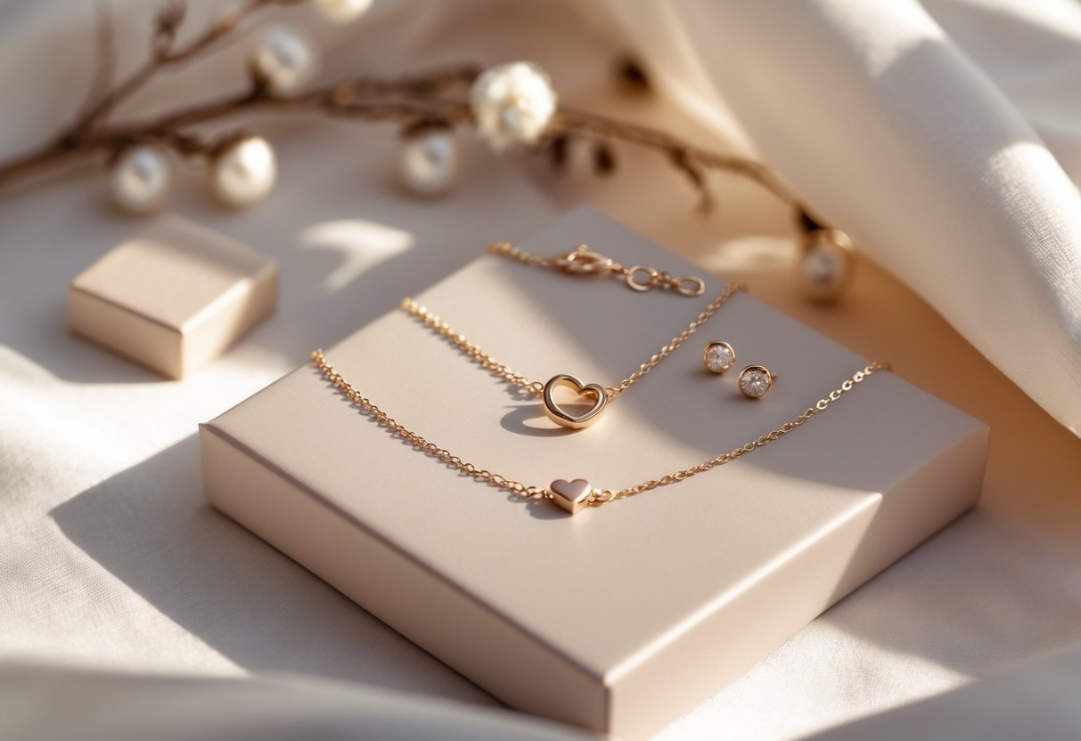 Close-up of a delicate necklace with a meaningful pendant and matching jewelry pieces arranged on a soft background.
