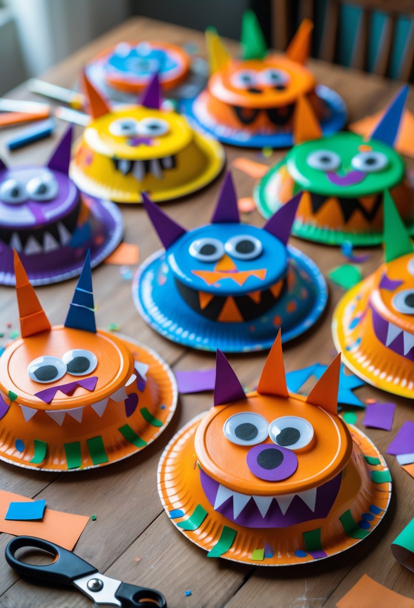 28 Easy Halloween Crafts: Fun and Simple DIY Ideas for All Ages 3 A table displaying several colorful handmade paper plate monsters with Halloween-themed faces and craft supplies scattered around.