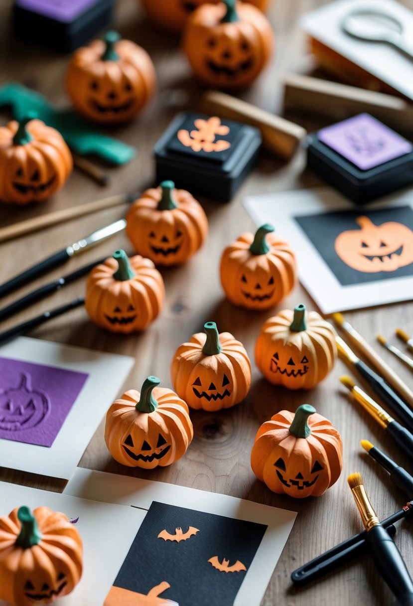 28 Easy Halloween Crafts: Fun and Simple DIY Ideas for All Ages 4 A table with hand-carved pumpkin stamps, colorful stamped papers, and craft supplies arranged for Halloween crafts.