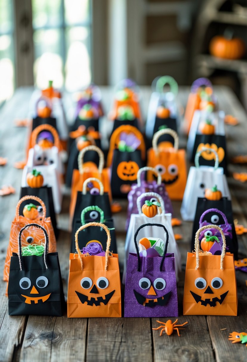 28 Easy Halloween Crafts: Fun and Simple DIY Ideas for All Ages 5 A collection of 28 Halloween treat bags decorated with large googly eyes arranged on a wooden table.